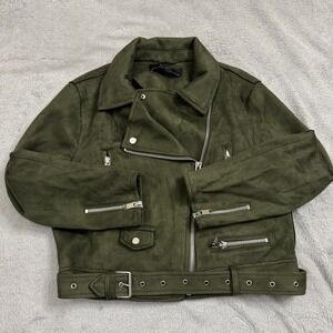 Zara Faux Suede Moto Jacket Women's Size Large Olive Green EUC